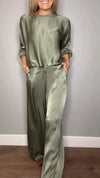 Women's Round Neck Satin Top + Trousers Casual Suit