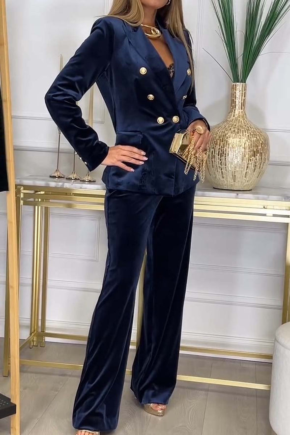 Women's Fashion Double Breasted Velvet Two Piece Suit