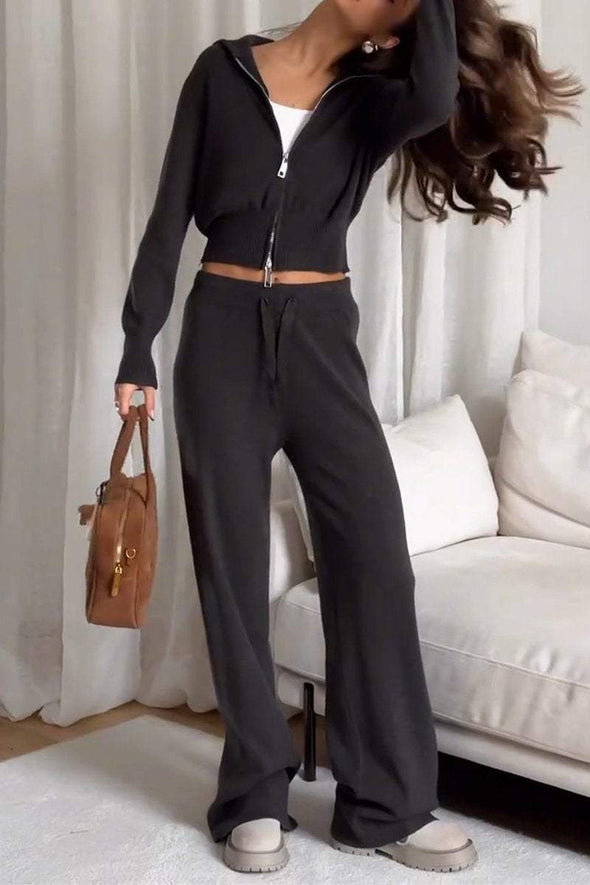 Women's Casual Hooded Zipper Knitted Two-piece Suit