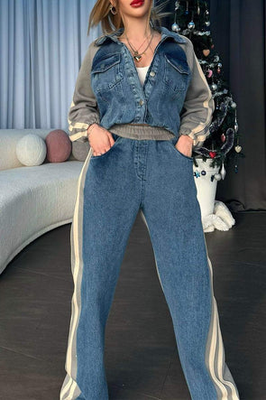 Women's Lapel Denim Jacket and Trousers Set