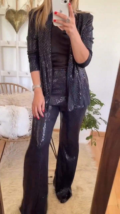 Women's Sequined Lapel Top + Trousers Set