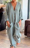 Casual V-neck Cotton and Linen Jumpsuit