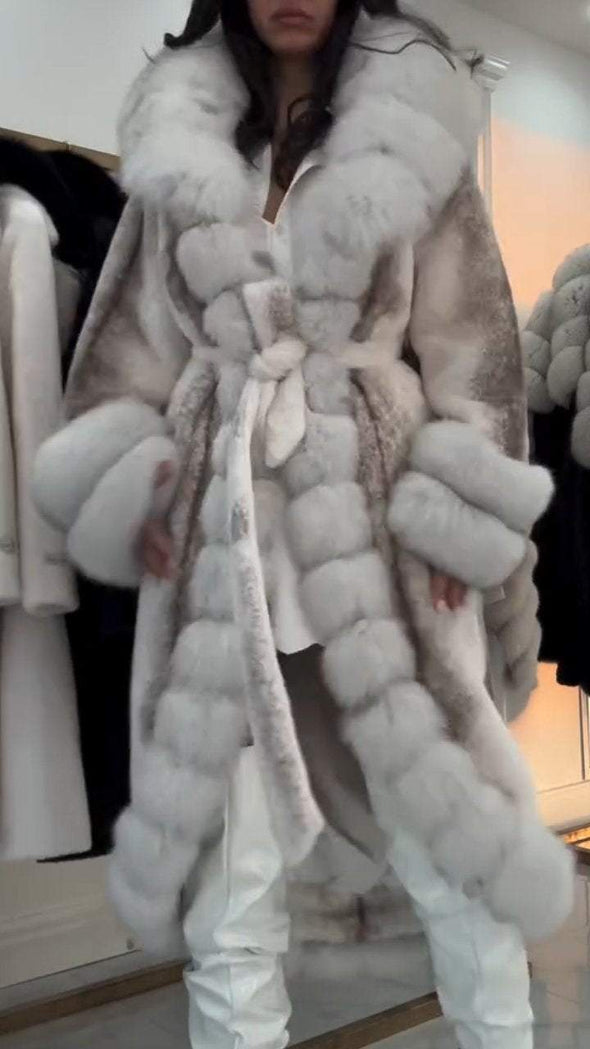 Women's Furry Long Coat with Large Lapel and Ties