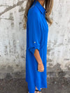 Women's Lapel Mid-length Sleeve Cotton and Linen Casual Dress