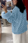 Women's Super Cool Rhinestone Fur Cuff Button Denim Jacket