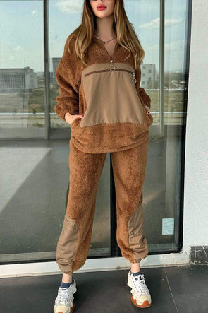 Women's Casual Patchwork Plush Pants Suit