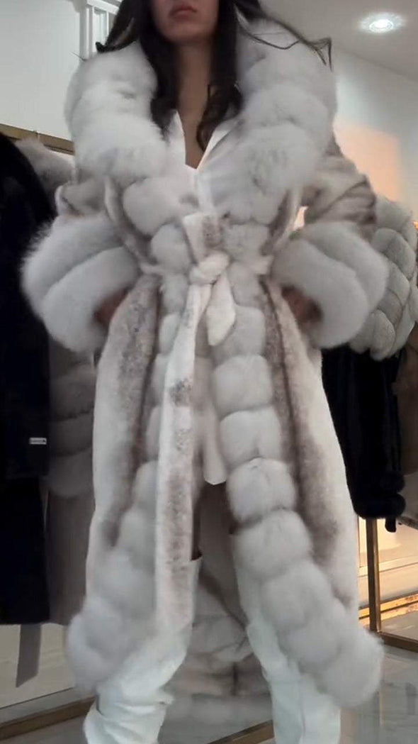 Women's Furry Long Coat with Large Lapel and Ties