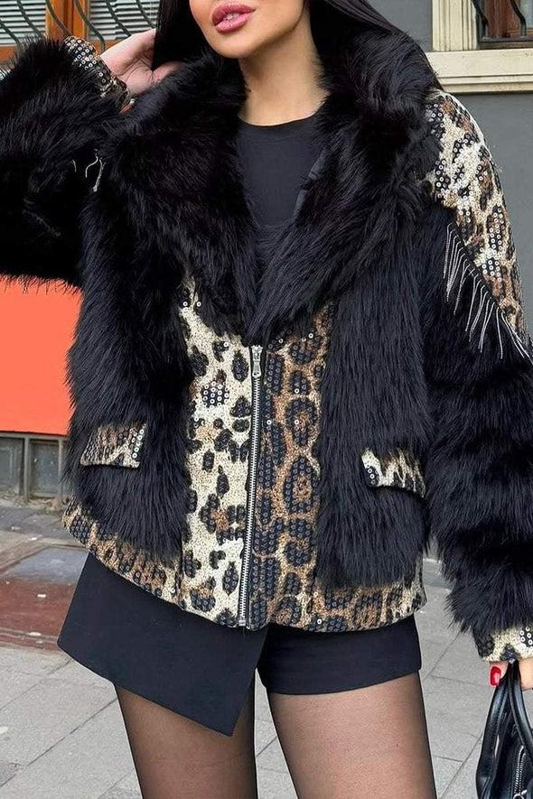 Women's Casual Luxury Warm Leopard Print Sequined Fur Patchwork Jacket