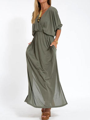 Women's Casual Solid Color V Neck Slit Dress