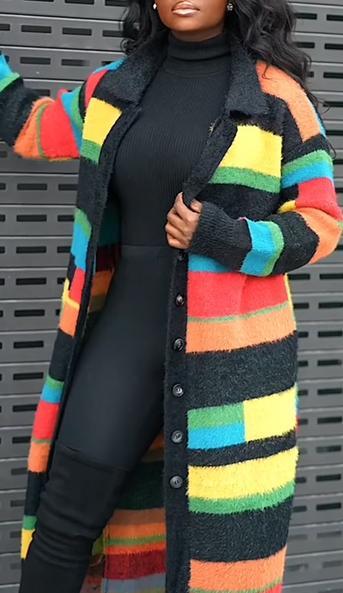 Women's Knitted Rainbow Striped Shirt Coat