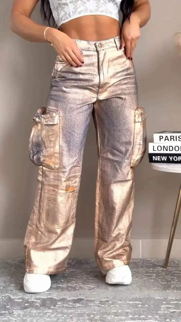 Women's Cool Metallic Coated Hiking Pocket Jeans