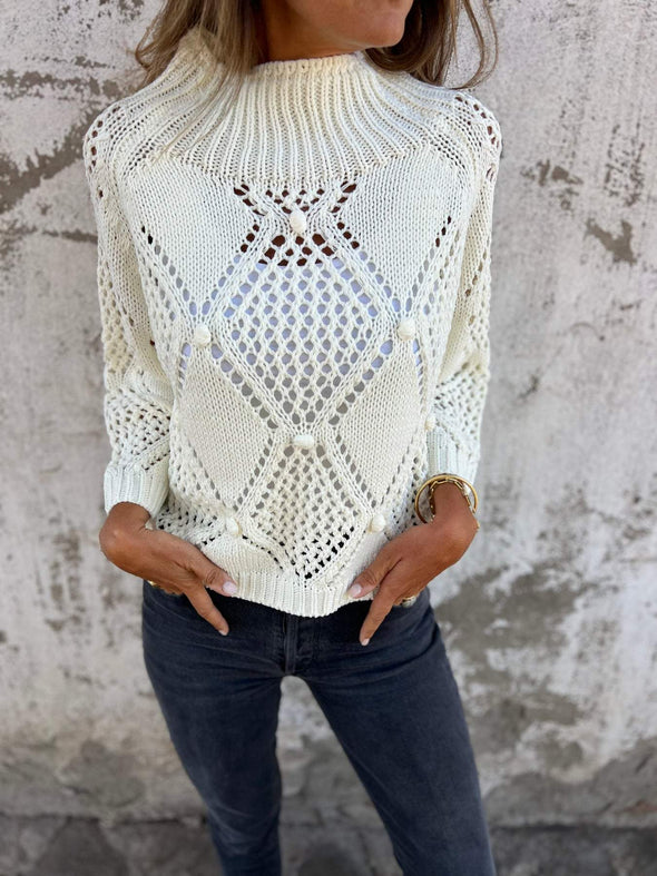 Round Neck Long Sleeve Knitted Top with Hollow Design