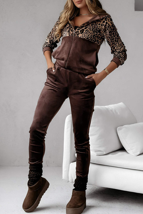 Women's Hooded Long-sleeved Leopard Print Casual Suit