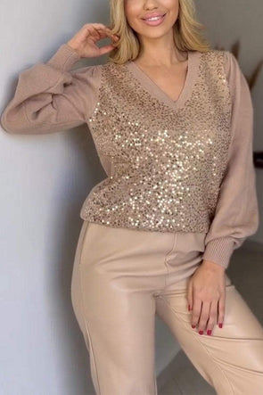 Women's Casual V-neck Long-sleeved Shiny Top