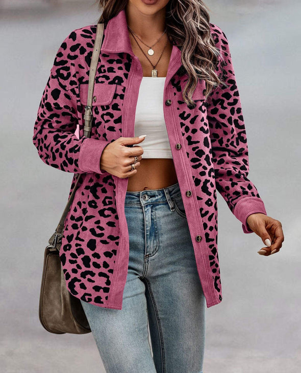 Women's Autumn and Winter Leopard Print Button Long Sleeve Jacket