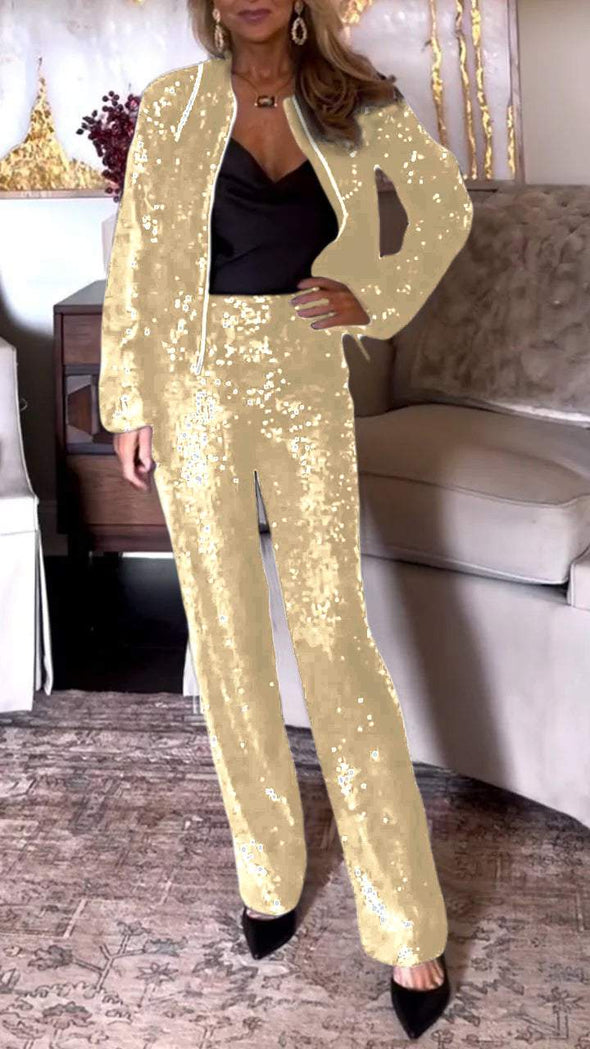 Women's Round Neck Zipper Sequin Top + Trousers Casual Suit