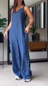 Thin Denim Cargo Pocket V-neck Jumpsuit