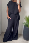 Women's Casual Round-neck Solid Color Cotton and Linen Two-piece Suit