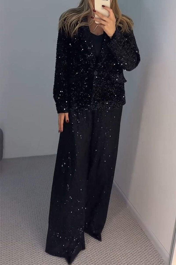 Women's Solid Color Sequined Coat and Trousers Set