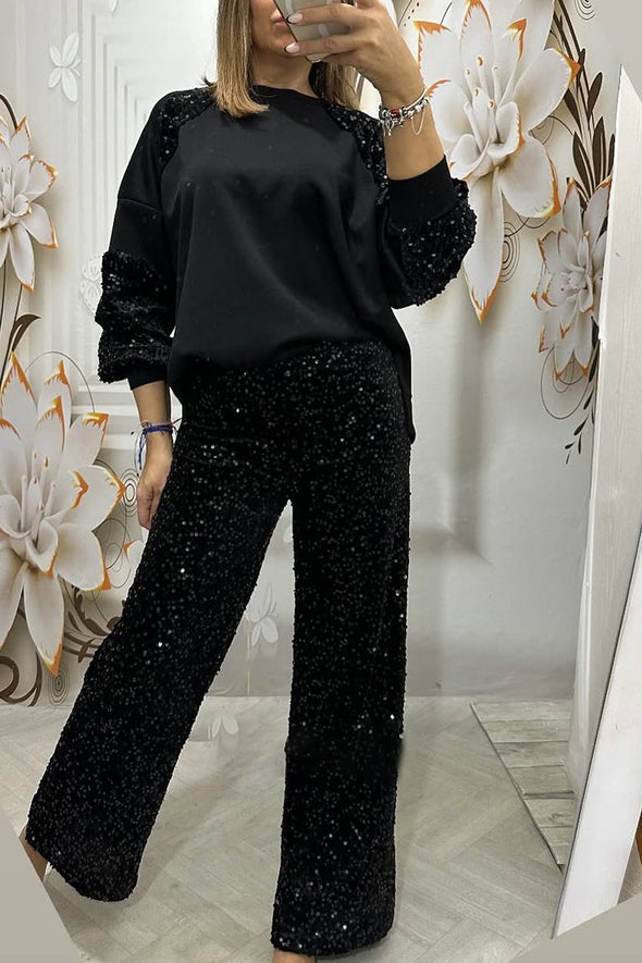 Women's Fashion Sequin Patchwork Top and Pants Two-Piece Set