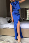 Women's Elegant Satin Top and Button Decorated Slit Skirt Two-Piece Set