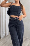 Women's Sexy High-end Flash Diamond Stretch Tube Top Jeans Suit