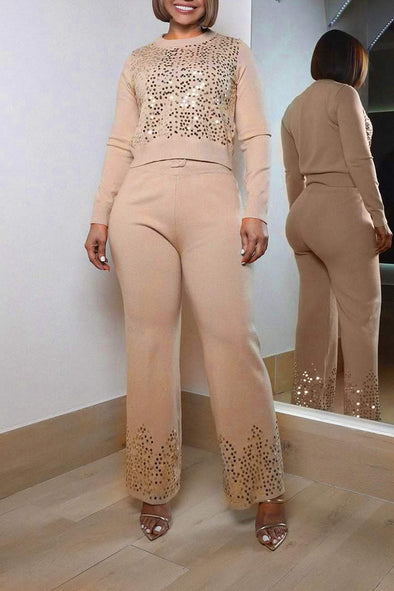 Women's Casual Round Neck Suit Sequined Two-piece Suit