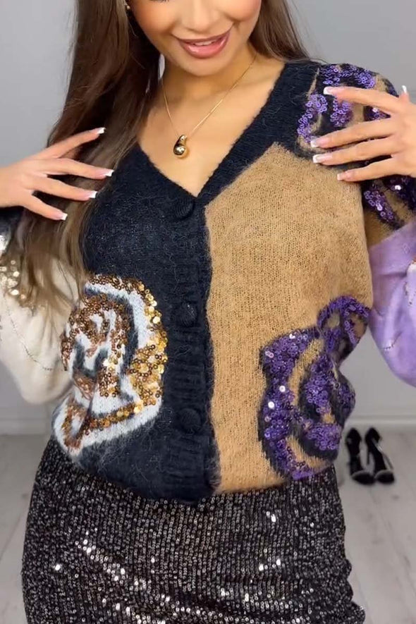 Women's V-Neck Contrast Rose Sequin Cardigan