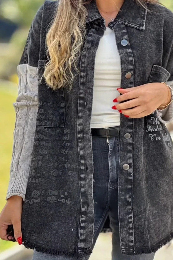 Women's casual knitwear patchwork letter print decorated denim jacket