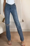 Women's cool sequined irregular ripped denim trousers