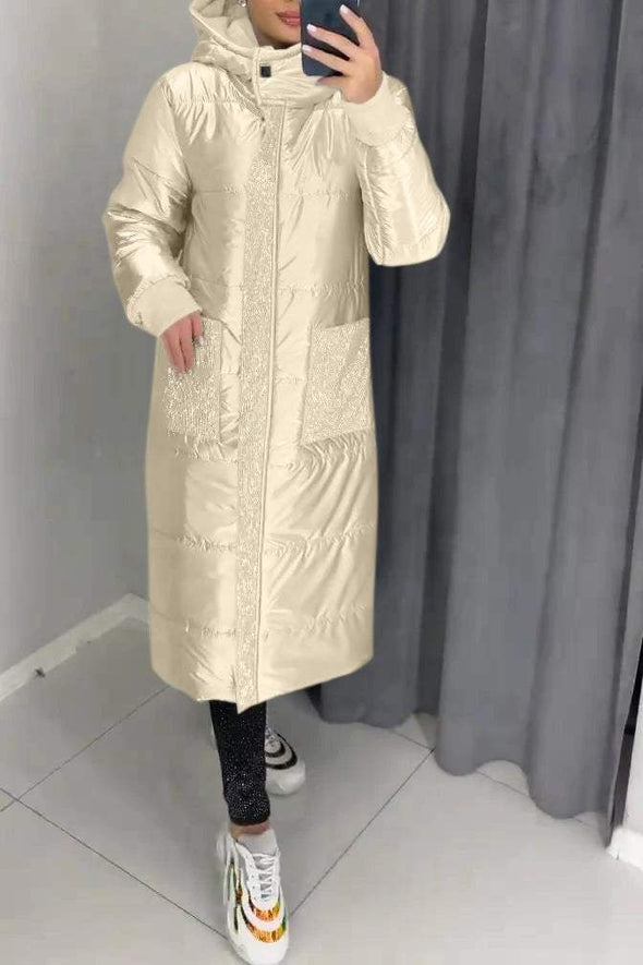 Women's Casual Warm Hooded Sequined Patchwork Long Cotton Jacket