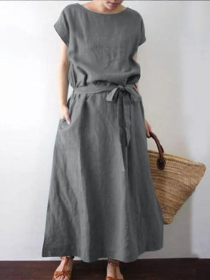 Women's fashion loose Bohemian short sleeve round neck solid color cotton hemp belt long dress