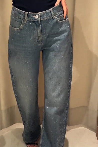 Women's Elegant High-end Diamond Denim Wide-leg Pants