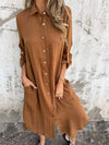 Women's Lapel Mid-length Sleeve Cotton and Linen Casual Dress