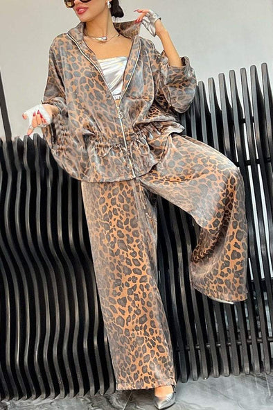 Women's Lapel Mid Sleeve Leopard Print Casual Suit