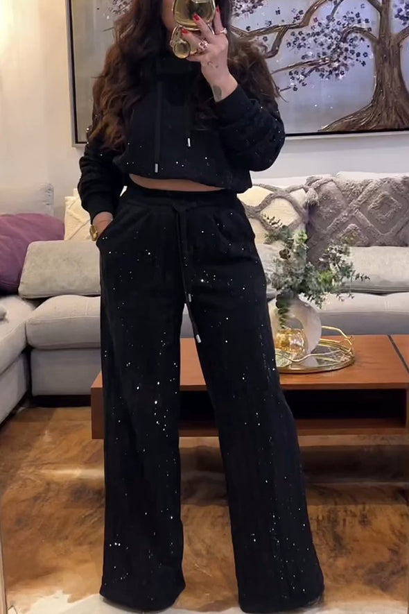 Women's Casual Glitter Hooded Long-sleeve Sweatpants Set