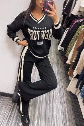 Women's V-neck Long-sleeved Lettering Two-piece Suit