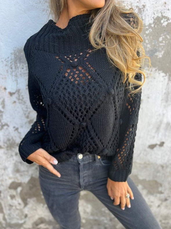 Round Neck Long Sleeve Knitted Top with Hollow Design