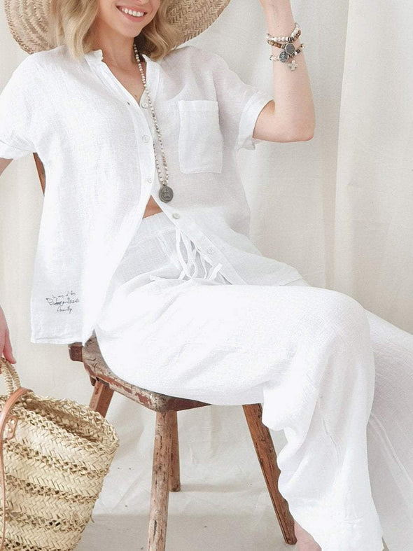 Women's Cotton And Linen Short-Sleeved Pants Suit