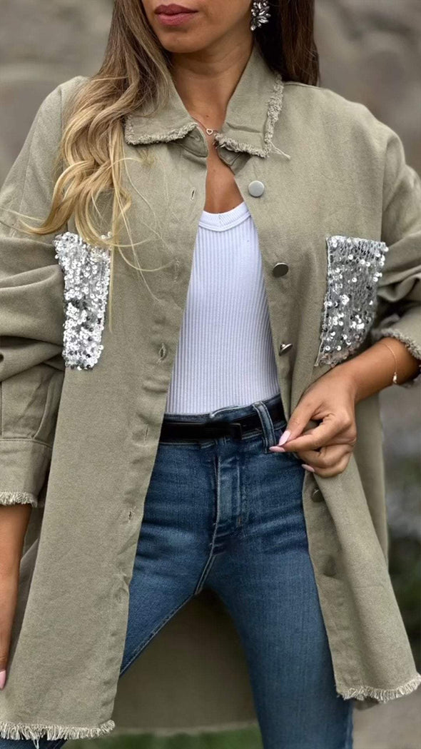 Women's Lapel Sequined Denim Coat