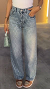 Women's Casual Mesh Rhinestone Straight Jeans