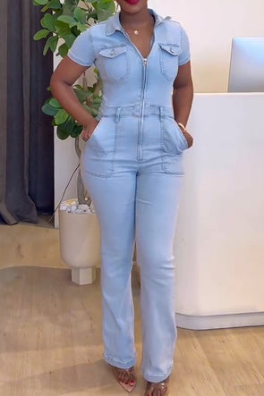 Women's Elegant Zipped Stretch Denim Jumpsuit