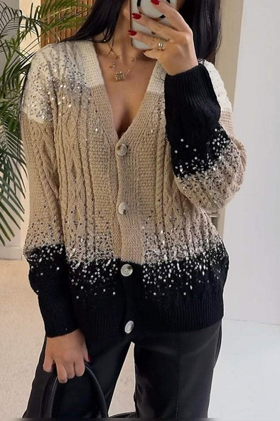 Women's Casual V-neck Three-color Contrast Stitching Sequined Knitted Cardigan Jacket