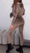 Women's Hooded Suede Solid Color Casual Suit