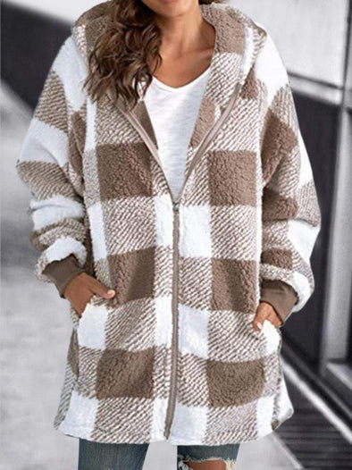 Women's Casual Long Sleeve Plaid Hooded Zip Jacket