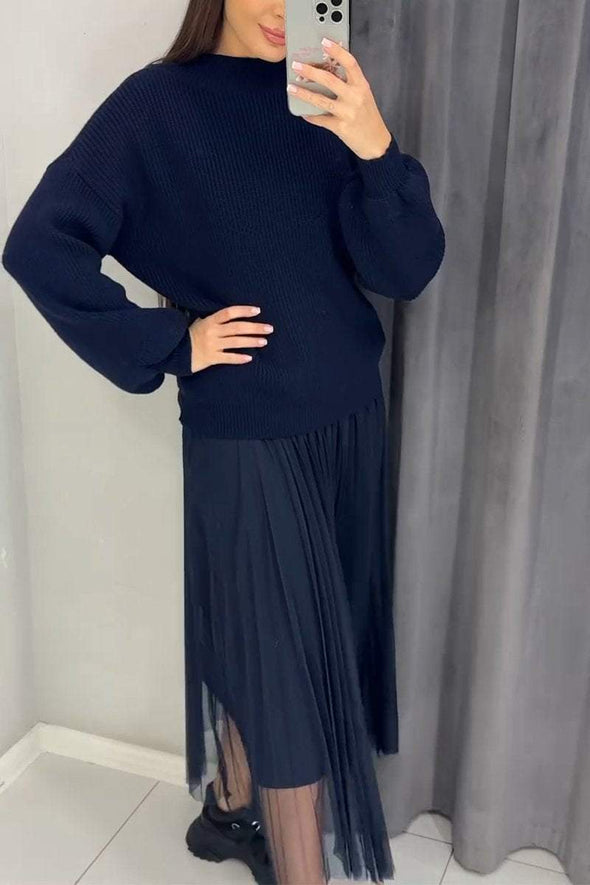 Women's Casual Round-neck Knitted Sweater + Dress Set