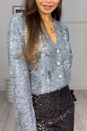 Women's V Neck Solid Sequin Cardigan