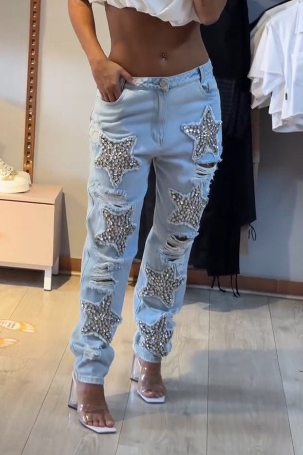 Women's Casual Star-studded Ripped Jeans