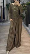 Women's Round Neck Knitted Top + Satin Trousers Casual Suit