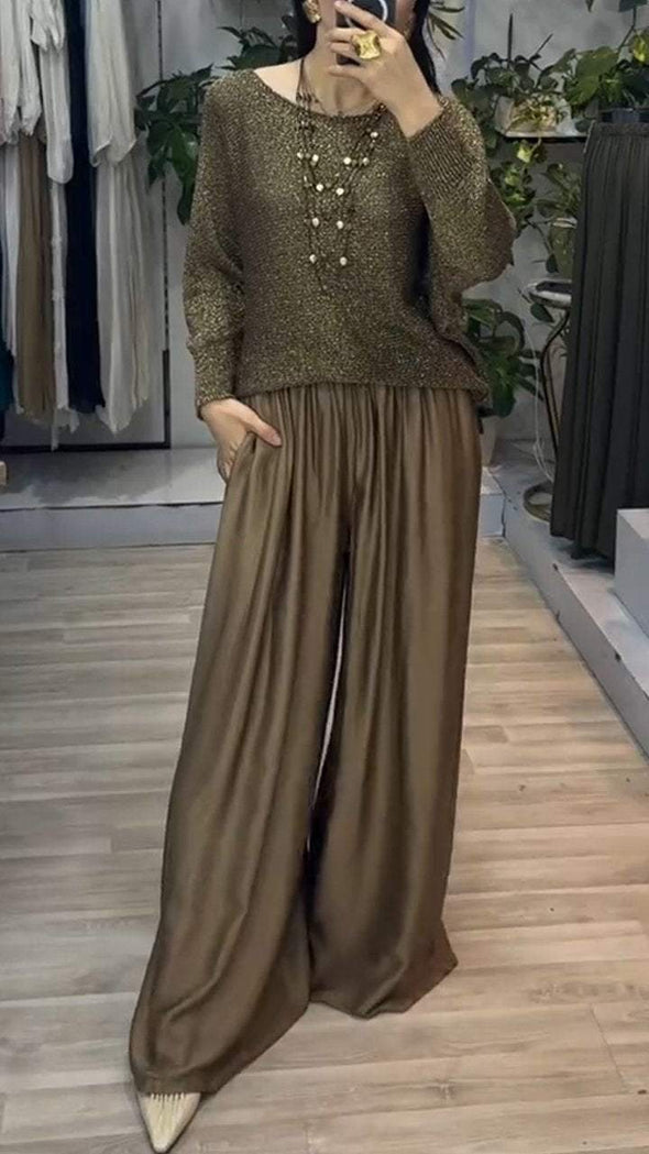 Women's Round Neck Knitted Top + Satin Trousers Casual Suit